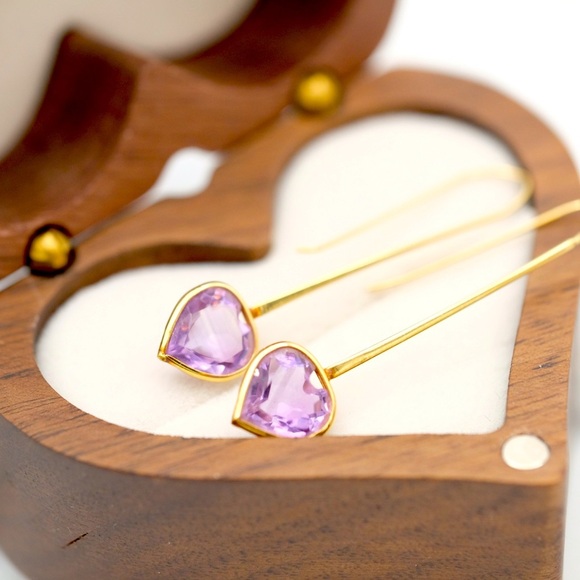 14K Yellow Gold Amethyst Drop earrings 1.5” dangle minimalist Luxe jewelry - Picture 10 of 14